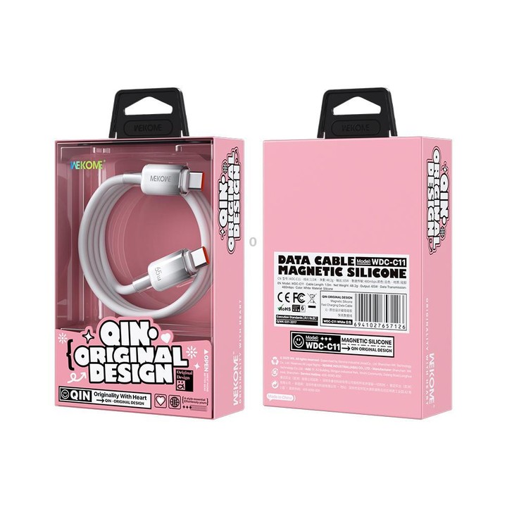 WK WDC-C11 QIN Series 1m 65W Type-C to Type-C Magnetic Silicone Fast Charging Data Cable(White)