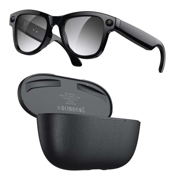 M02 Ultra 8MP Camera AI Smart Glasses Photochromic Lenses with Black Charging Case(Black)