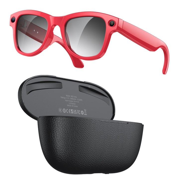 M02 Ultra 8MP Camera AI Smart Glasses Photochromic Lenses with Black Charging Case(Red)
