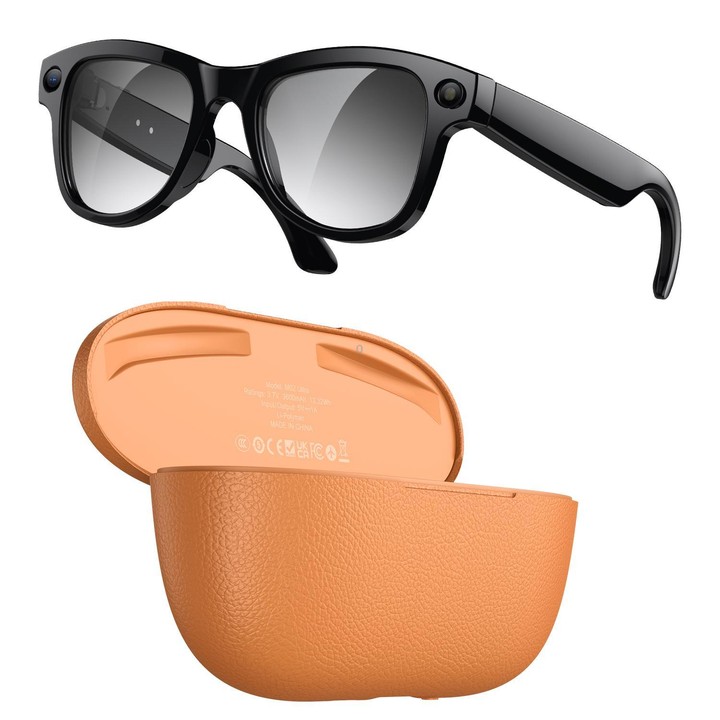 M02 Ultra 8MP Camera AI Smart Glasses Photochromic Lenses with Brown Charging Case(Black)