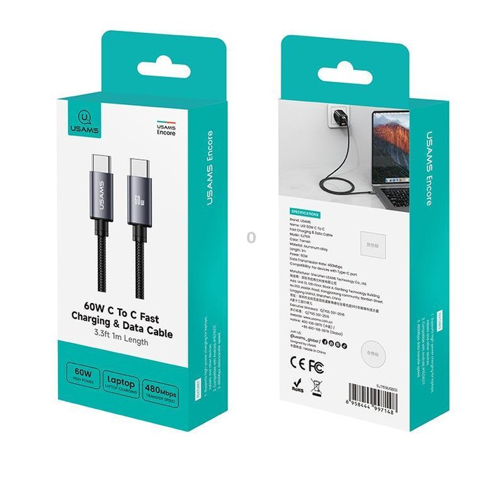 USAMS SJ769 U91 60W Type-C to Type-C Aluminum Alloy Fast Charging Data Cable, Length: 1m(Gun Color)