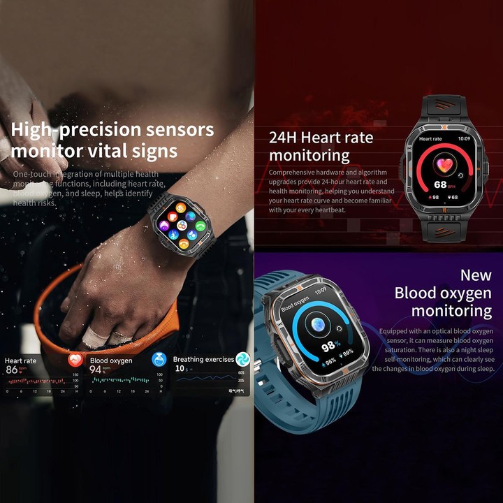 HT38 2.01 inch IPS Square Screen Smart Sports Watch Supports Bluetooth Call, Health Monitoring, LED Flashlight(Black Orange Sili