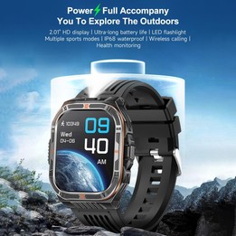 HT38 2.01 inch IPS Square Screen Smart Sports Watch Supports Bluetooth Call, Health Monitoring, LED Flashlight(Black Orange Sili