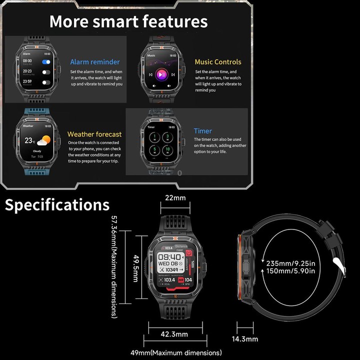 HT38 2.01 inch IPS Square Screen Smart Sports Watch Supports Bluetooth Call, Health Monitoring, LED Flashlight(Camouflage Blue S
