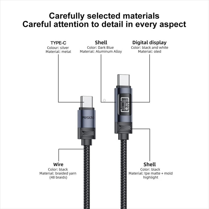 Yesido CA202 100W 5A Type-C to Type-C OLED Display Charging Data Cable, Length:1.2m(Black)