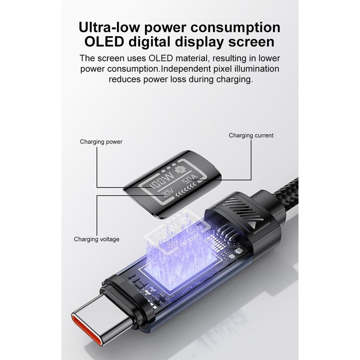 Yesido CA202 100W 5A Type-C to Type-C OLED Display Charging Data Cable, Length:1.2m(Black)