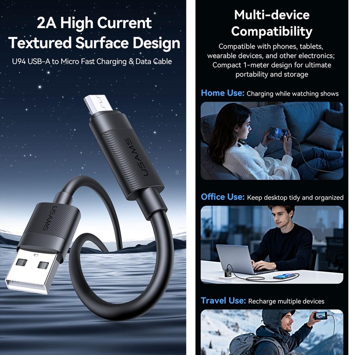 USAMS SJ779 U94 USB to Micro 2A Fast Charging Data Cable, Length:1m(Black)