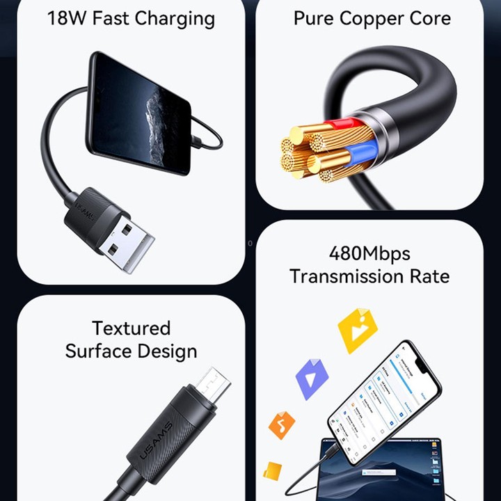 USAMS SJ779 U94 USB to Micro 2A Fast Charging Data Cable, Length:1m(Black)