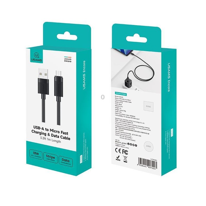 USAMS SJ779 U94 USB to Micro 2A Fast Charging Data Cable, Length:1m(Black)