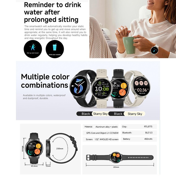 HT43 1.32 inch GPS Ultra-thin Sports Smart Watch Supports Bluetooth Call / Heart Rate / Sleep Monitoring(Black)