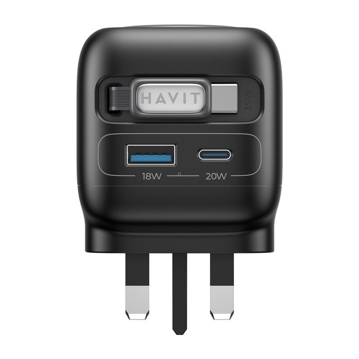 Havit UC250 35W 3 in 1 GaN Travel Charger with Type-C Retractable Cable, Plug:UK Plug(Black)