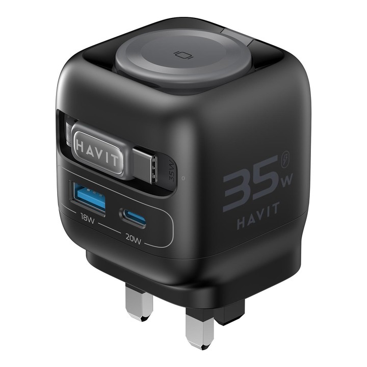 Havit UC250 35W 3 in 1 GaN Travel Charger with Type-C Retractable Cable, Plug:UK Plug(Black)