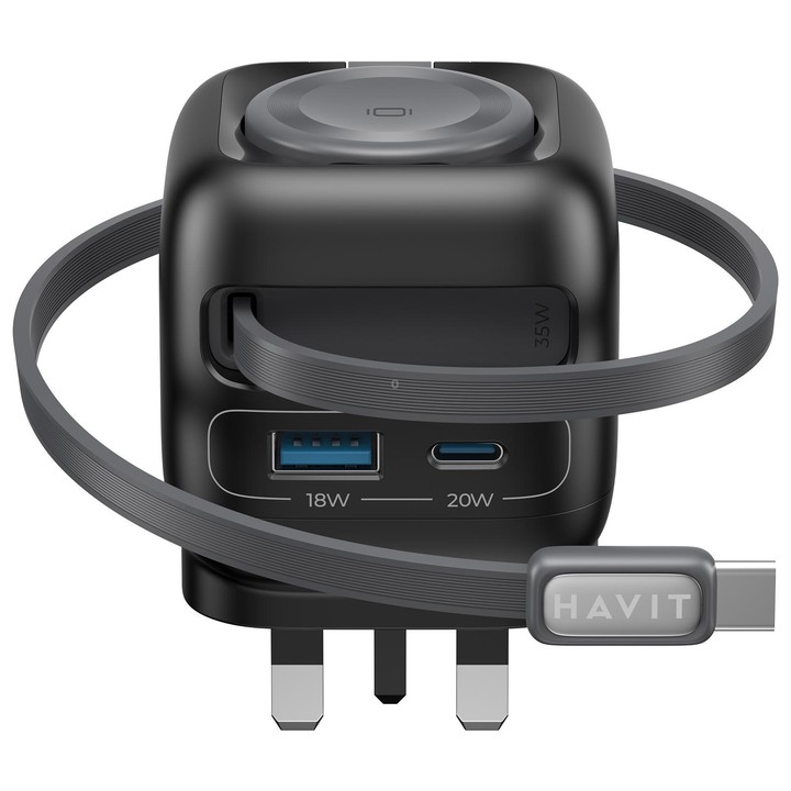 Havit UC250 35W 3 in 1 GaN Travel Charger with Type-C Retractable Cable, Plug:UK Plug(Black)