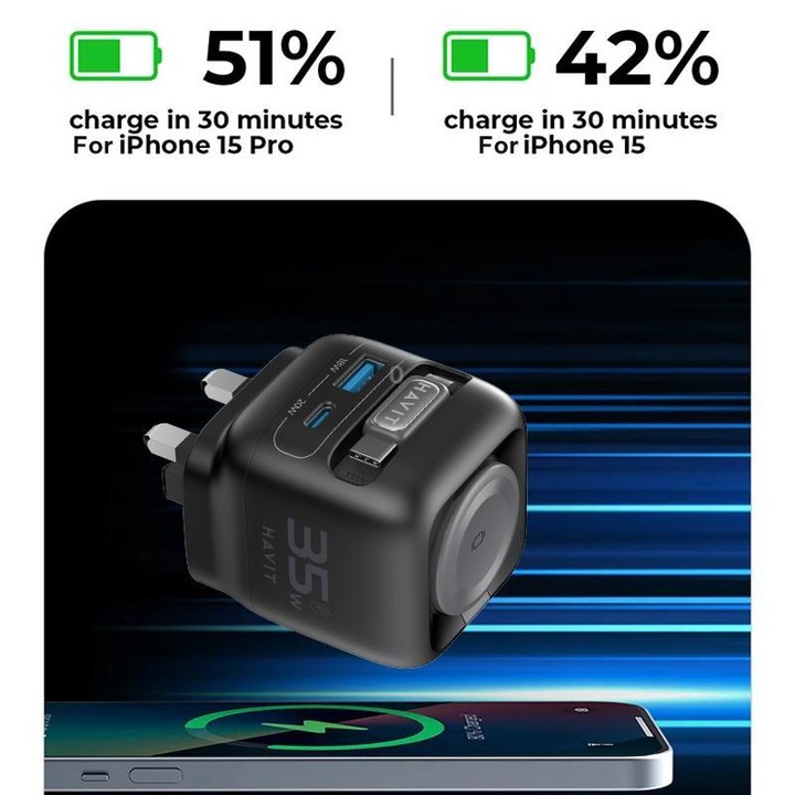 Havit UC250 35W 3 in 1 GaN Travel Charger with Type-C Retractable Cable, Plug:UK Plug(Black)