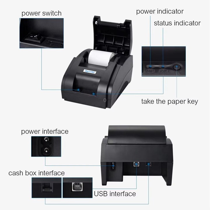 Xprinter XP58IIH 58mm Thermal Receipt Printer, Interface:USB + 12 Rolls of Paper(US Plug)