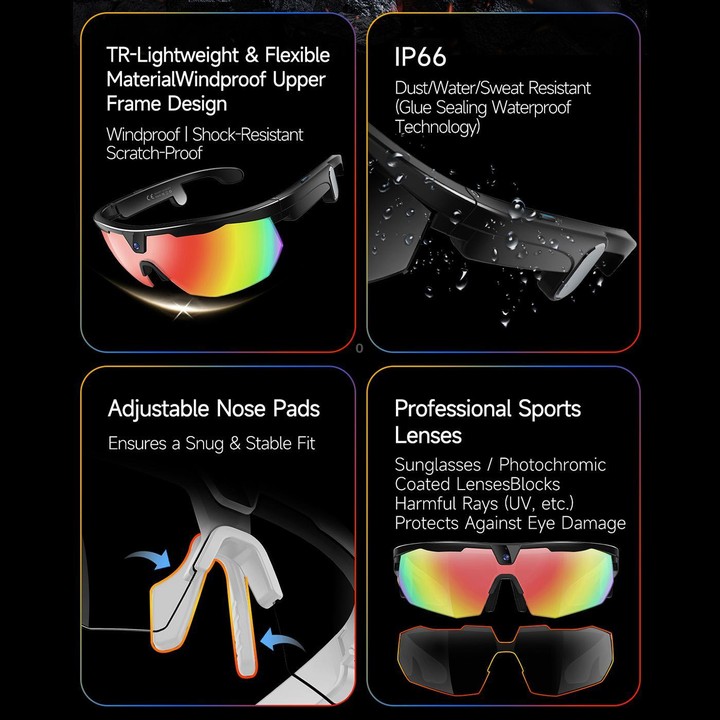 W640 8MP Cycling Smart AI Sports Glasses, Six-axis Image Stabilization, Wi-Fi, Touch Control, Dual Mic Noise Reduction, AI Trans