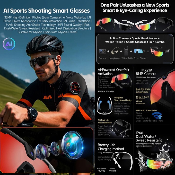 W640 8MP Cycling Smart AI Sports Glasses, Six-axis Image Stabilization, Wi-Fi, Touch Control, Dual Mic Noise Reduction, AI Trans