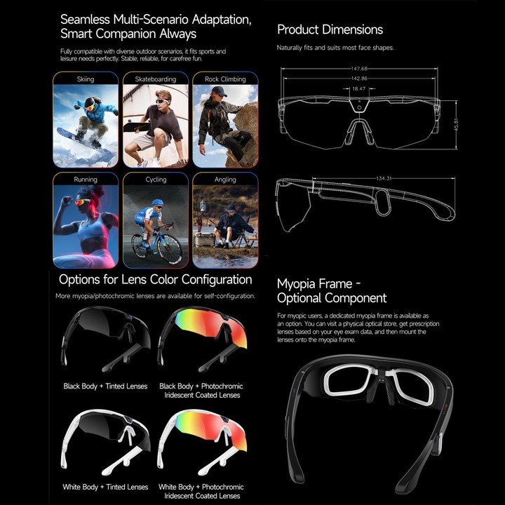 W640 8MP Cycling Smart AI Sports Glasses, Six-axis Image Stabilization, Wi-Fi, Touch Control, Dual Mic Noise Reduction, AI Trans