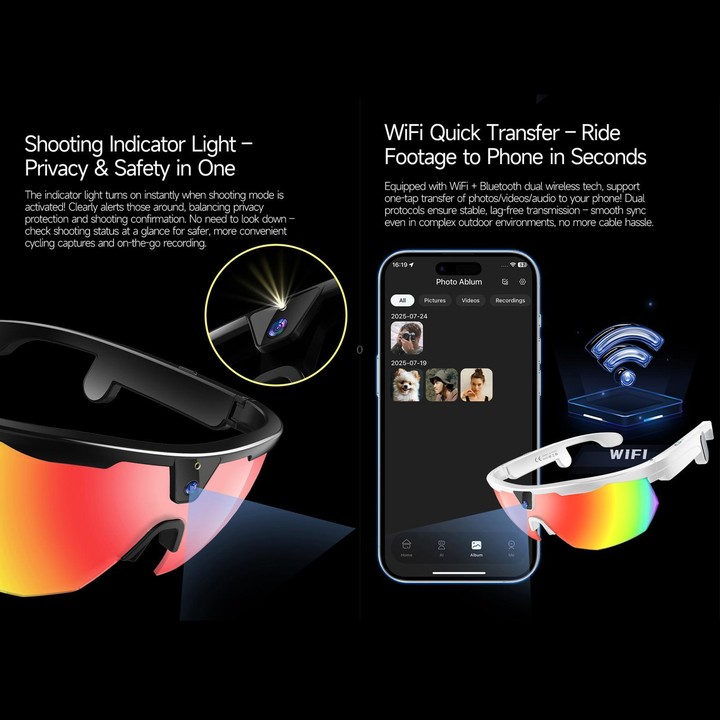 W640 8MP Cycling Smart AI Sports Glasses, Six-axis Image Stabilization, Wi-Fi, Touch Control, Dual Mic Noise Reduction, AI Trans