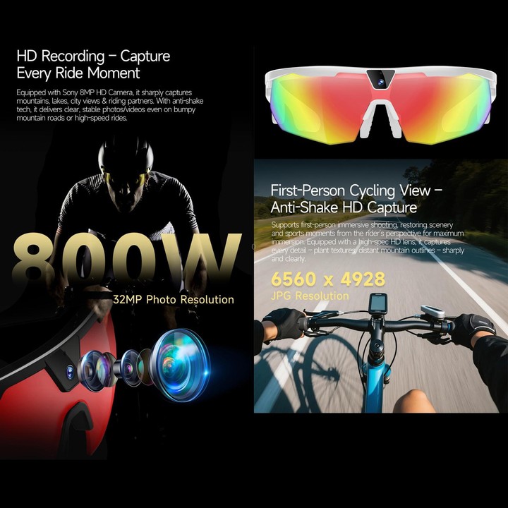 W640 8MP Cycling Smart AI Sports Glasses, Six-axis Image Stabilization, Wi-Fi, Touch Control, Dual Mic Noise Reduction, AI Trans