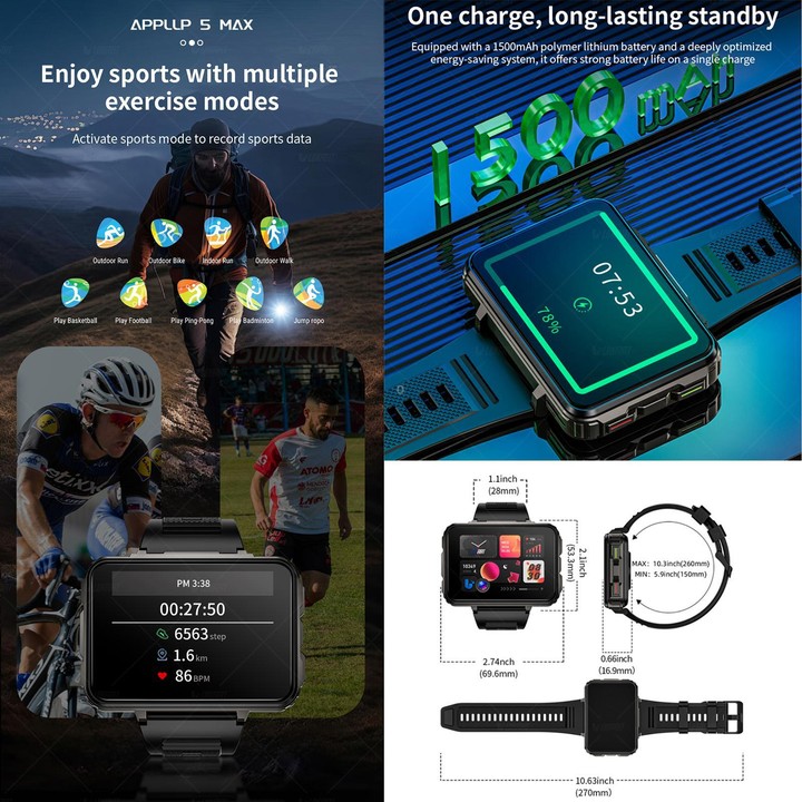 LOKMAT APPLLP 5 Max 4G Smart Watch, 4GB+64GB, 2.4 inch MT6762 + PAR2822 Octa Core, Android 10.7, Heart Rate, Video Call(Black)