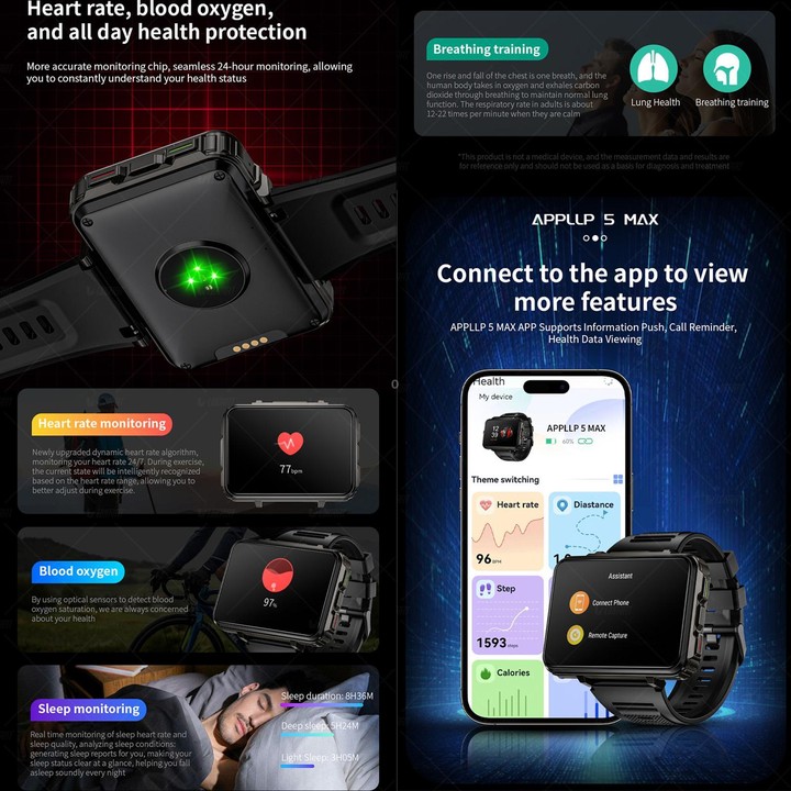 LOKMAT APPLLP 5 Max 4G Smart Watch, 4GB+64GB, 2.4 inch MT6762 + PAR2822 Octa Core, Android 10.7, Heart Rate, Video Call(Black)