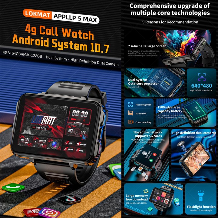 LOKMAT APPLLP 5 Max 4G Smart Watch, 4GB+64GB, 2.4 inch MT6762 + PAR2822 Octa Core, Android 10.7, Heart Rate, Video Call(Black)