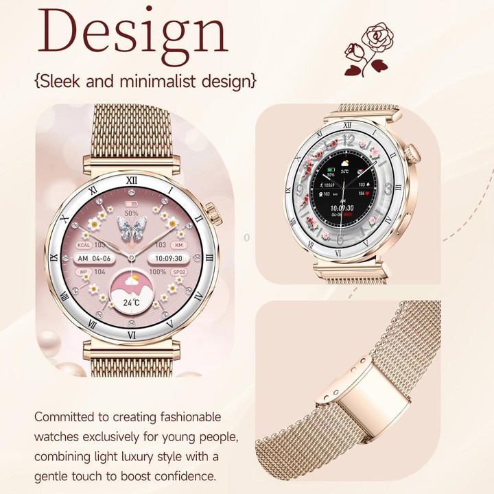 QS22 1.19-inch AMOLED Display Women Smart Sports Watch(Gold Case Pink Silicone Strap)