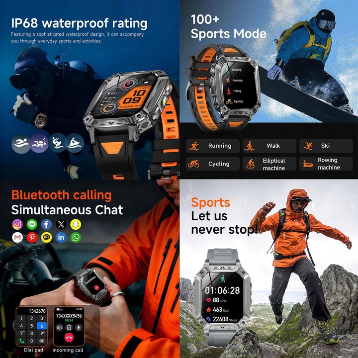 QS86 2.01-inch Smart Watch, Support BT Call, Heart Rate, Blood Oxygen(Space Gray Black Orange Silicone Band)