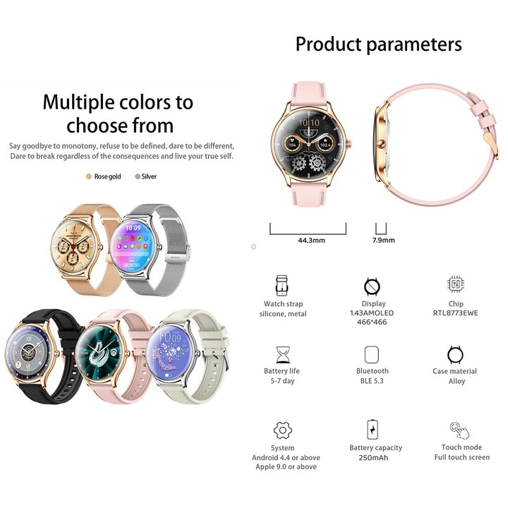 QS36 1.43-inch Smart Watch, Support Heart Rate, Blood Pressure, Blood Oxygen, Female Physiological Cycle(Gold Black Silicone Ban