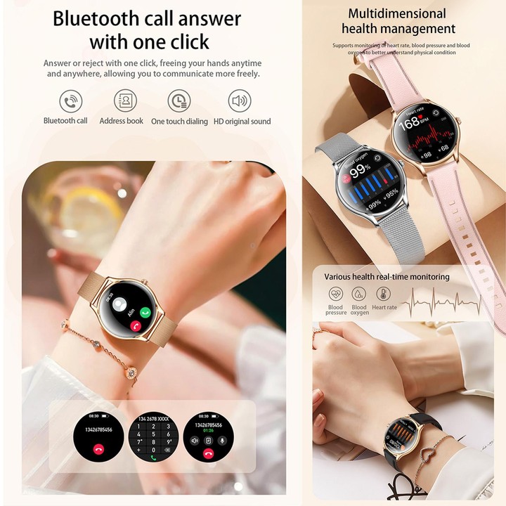 QS36 1.43-inch Smart Watch, Support Heart Rate, Blood Pressure, Blood Oxygen, Female Physiological Cycle(Gold Pink Silicone Band