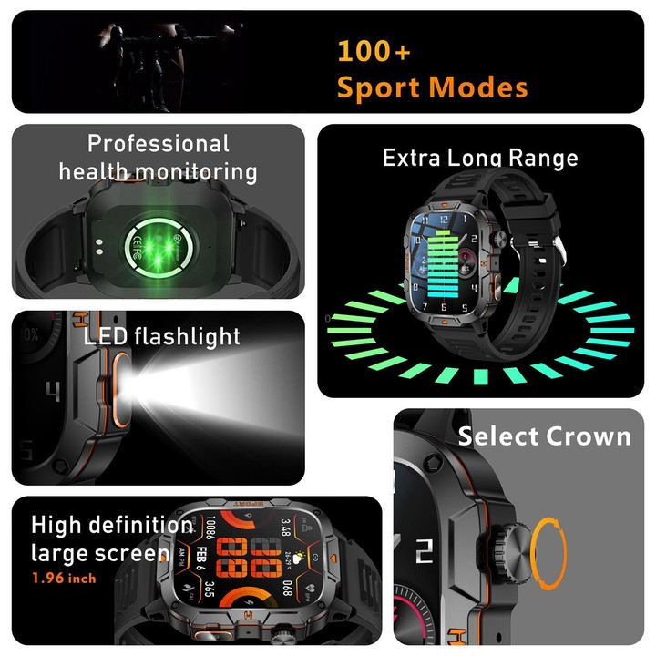 QX12 1.96-inch IPS Display Outdoor Sports IP68 Smart Watch with Flashlight(Orange)