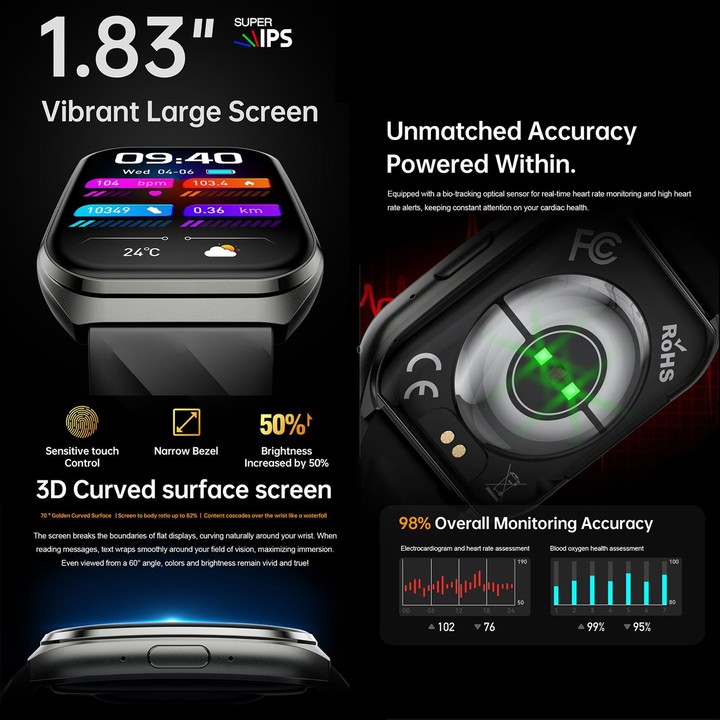 QS66 1.83-inch Smart Watch, Support BT Call, Heart Rate, Blood Oxygen(Black Silicone Band)