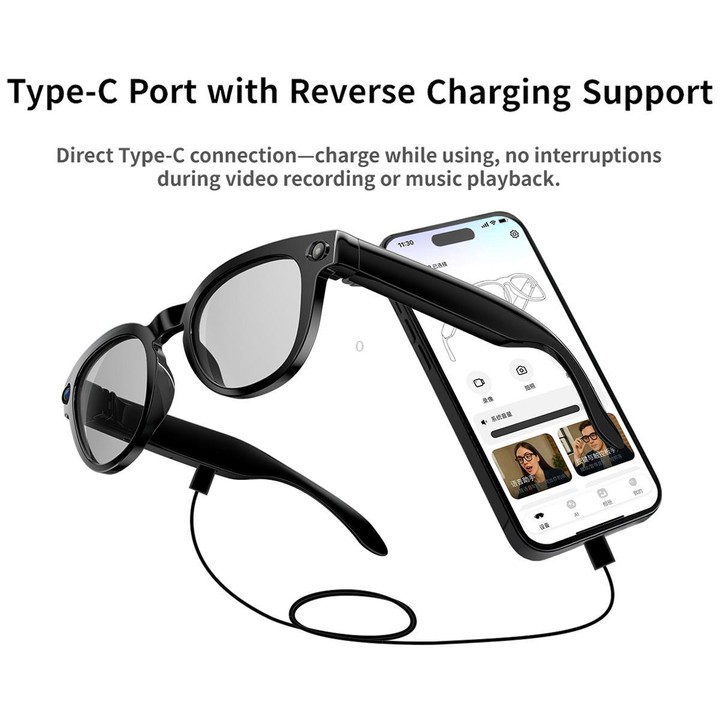 MT3 8MP Smart AI Glasses, WiFi, Touch Control, BT Call(Matte Black Frame Sunglasses + Clear Lens)