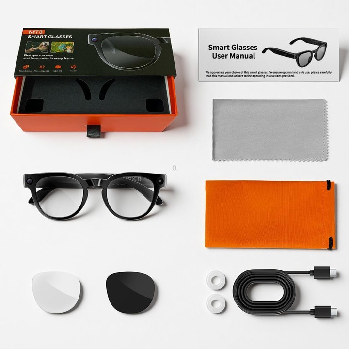 MT3 8MP Smart AI Glasses, WiFi, Touch Control, BT Call(Matte Black Frame Sunglasses + Clear Lens)