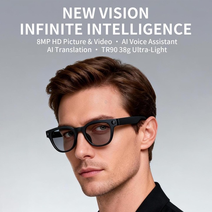 MT3 8MP Smart AI Glasses, WiFi, Touch Control, BT Call(Matte Black Frame Sunglasses + Clear Lens)