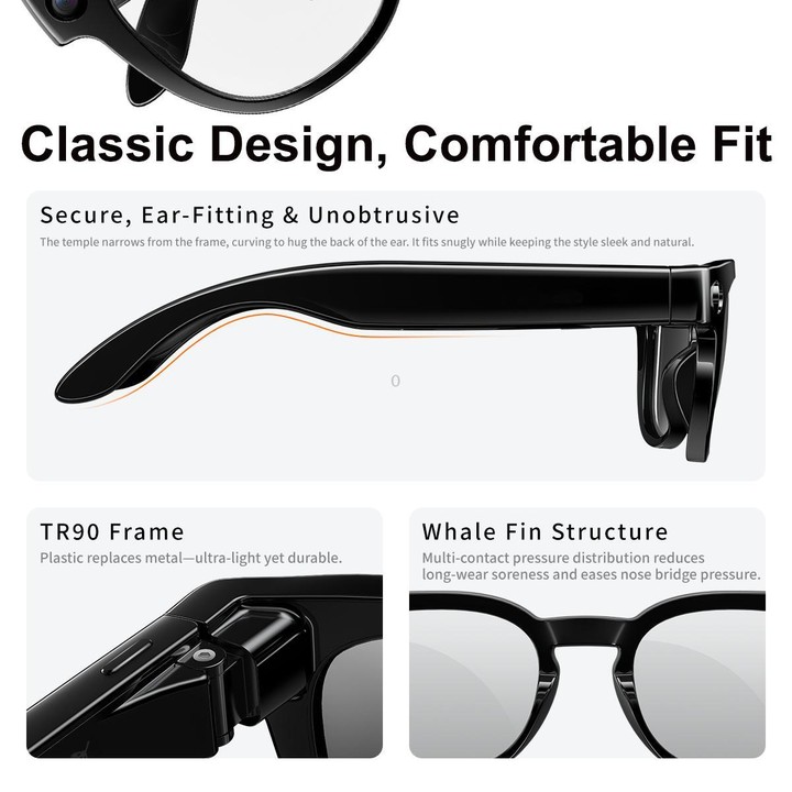 MT3 8MP Smart AI Glasses, WiFi, Touch Control, BT Call(Matte Black Frame Sunglasses + Clear Lens)