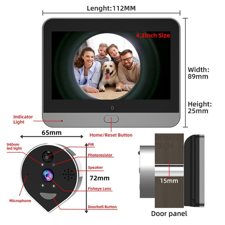 RH-PD7 4.3 inch HD Screen 360 Degree Panoramic Peephole 2.4G Wireless WiFi Video Doorbell(Gray Black)