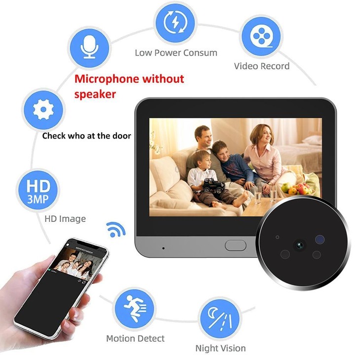 RH-PD9 4.3 inch HD Screen Microwave Radar Motion Detection Peephole WiFi Video Doorbell(Gray Black)
