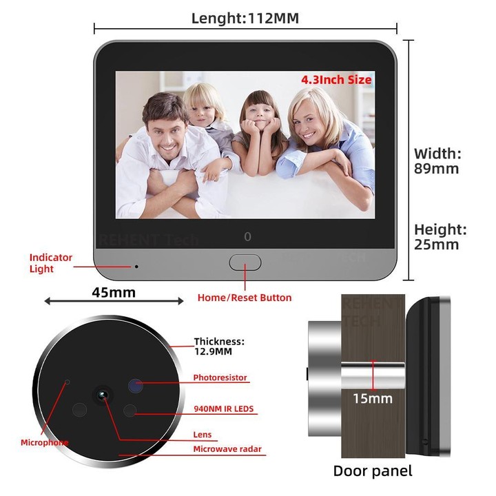 RH-PD9 4.3 inch HD Screen Microwave Radar Motion Detection Peephole WiFi Video Doorbell(Gray Black)