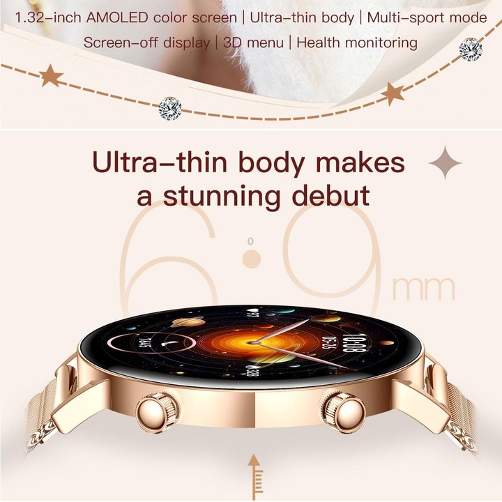 QS03 1.32-inch AMOLED Display Women Smart Watch Supports Health Monitoring(Gold Case Pink Gold Steel Strap)