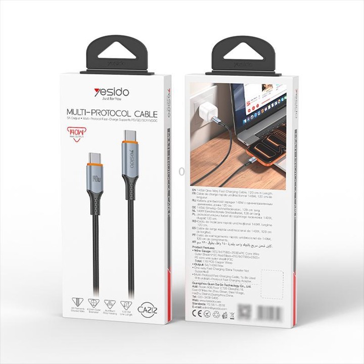 Yesido CA212 140W Type-C to Type-C Super Fast Charging Data Cable, Length: 1.2m(Blue Grey)