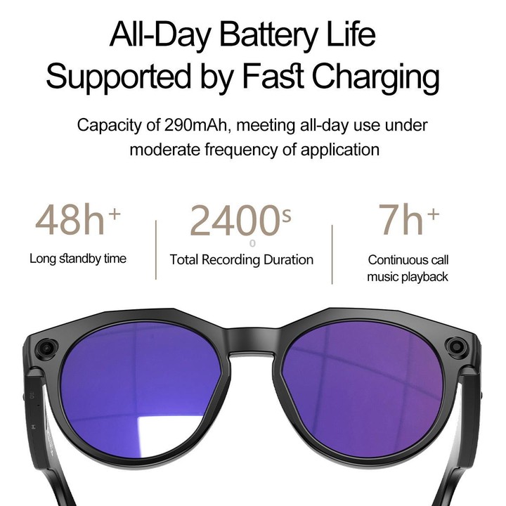 W611Pro Smart AI Glasses 8MP Camera, WIFI, AI Translation(Black Frame Purple Coated Lens)