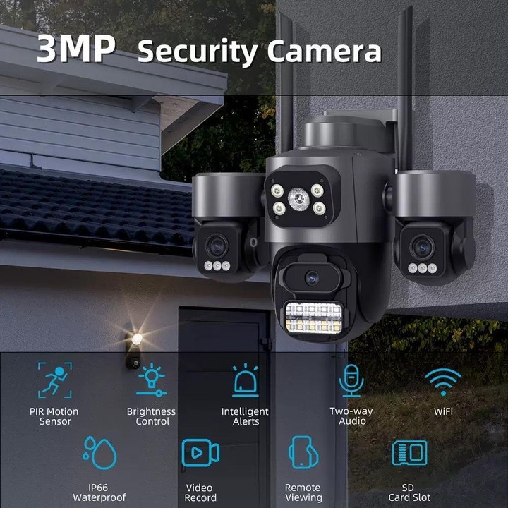 ICSee Triple-Lens 3MP Wireless WiFi Security Camera, Three-Screen Panoramic PTZ IP Camera with Full-Color Night Vision, Power Pl