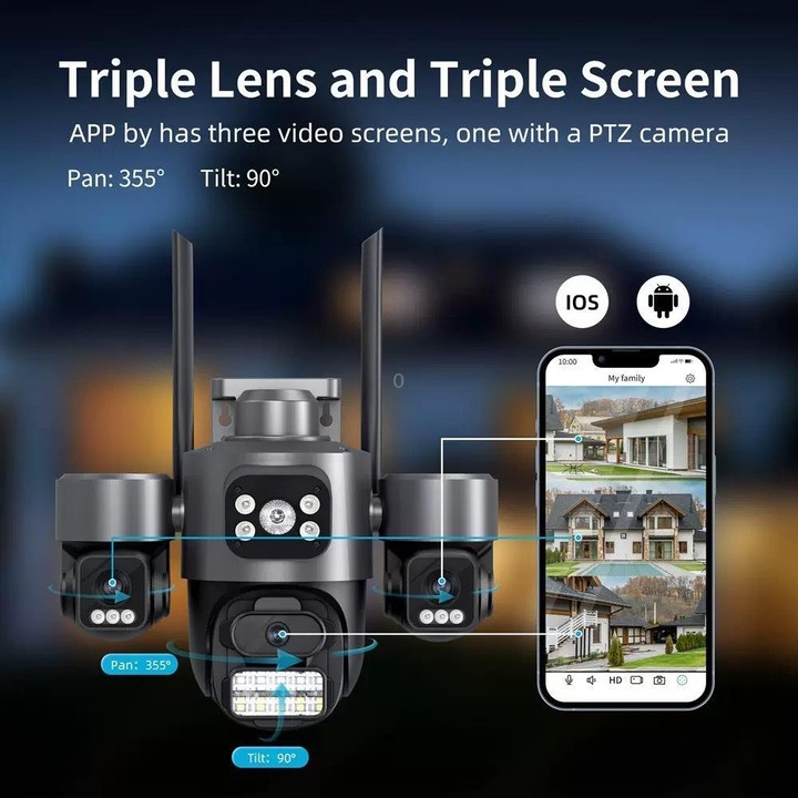 ICSee Triple-Lens 3MP Wireless WiFi Security Camera, Three-Screen Panoramic PTZ IP Camera with Full-Color Night Vision, Power Pl