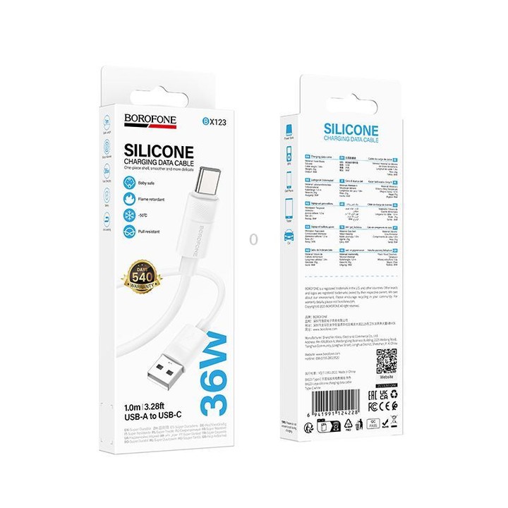 Borofone BX123 Leya 3A USB to Type-C Silicone Charging Cable, Length: 1m(White)
