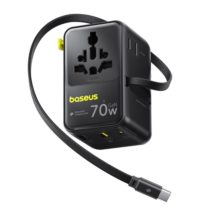 Baseus EnerCore CG11 70W Converter Travel Universal Adapter with Type-C Retractable Cable(Black)
