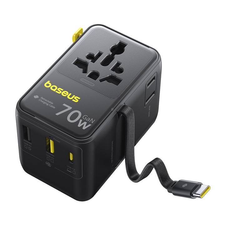 Baseus EnerCore CG11 70W Converter Travel Universal Adapter with Type-C Retractable Cable(Black)