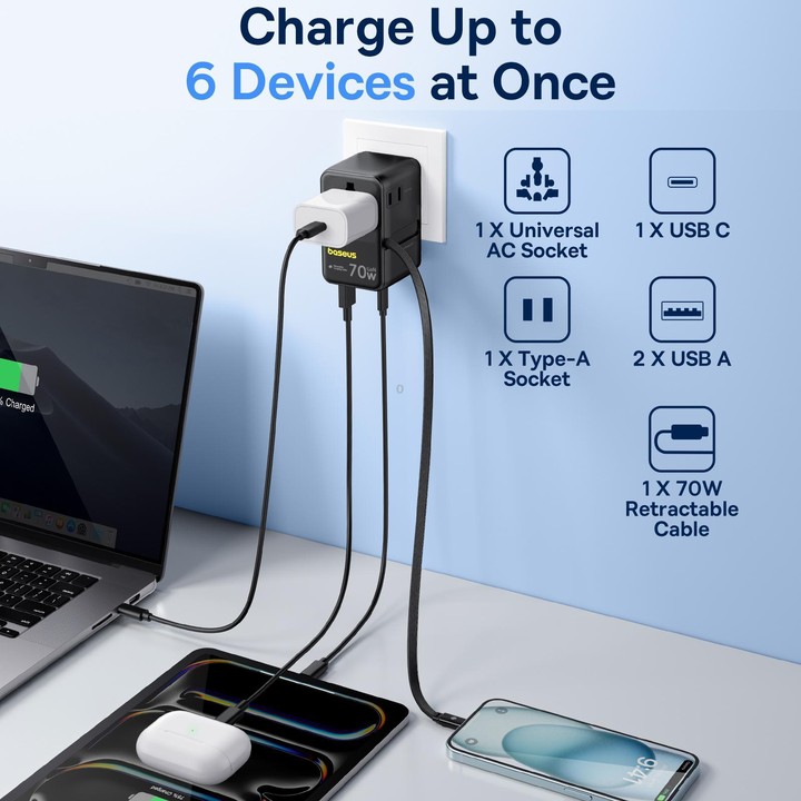 Baseus EnerCore CG11 70W Converter Travel Universal Adapter with Type-C Retractable Cable(Black)