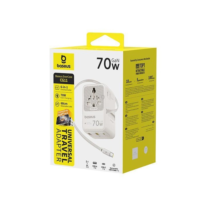 Baseus EnerCore CG11 70W Converter Travel Universal Adapter with Type-C Retractable Cable(Beige)